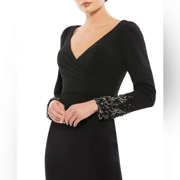 Mac Duggal 55712 Beaded cuffs long sleeve wrap over trumpet black gown 12 $398 - Picture 2 of 5